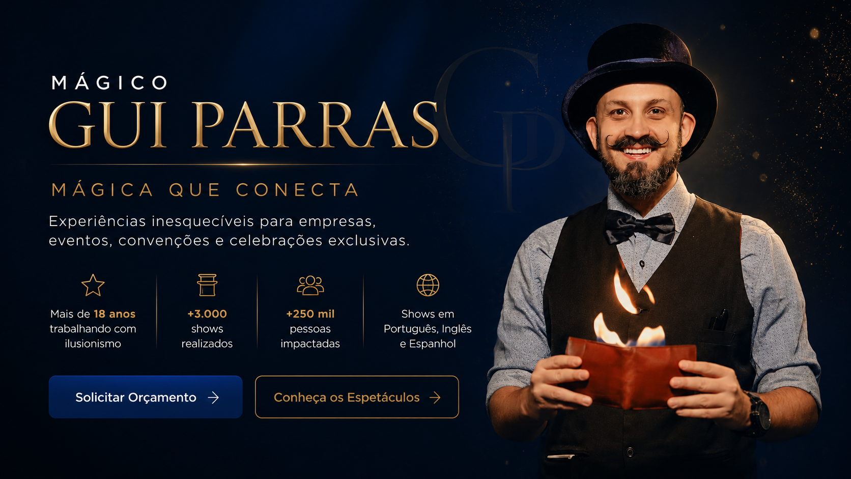 Mágico Gui Parras durante apresentação de ilusionismo.